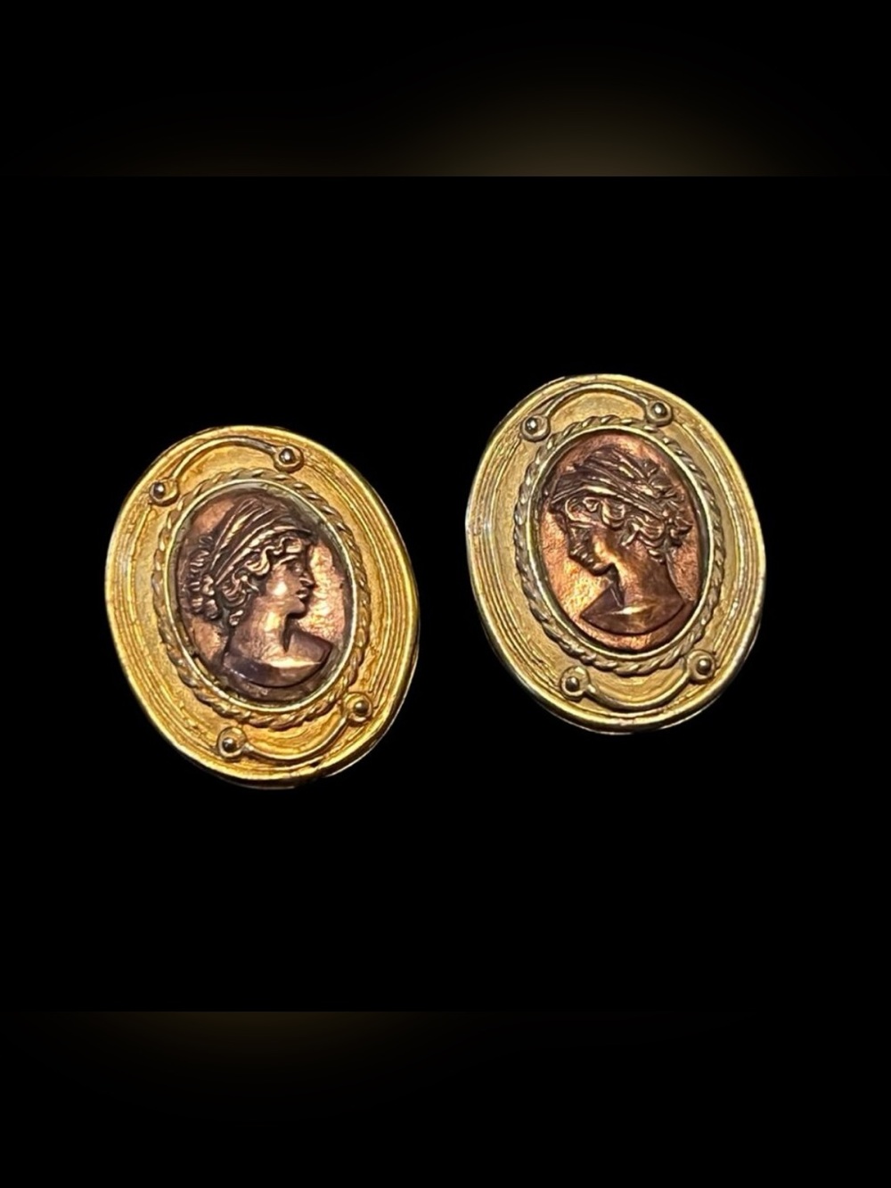 Vintage Signed JADED NYC Roman Cameo Clip-On Earrings, 1980s Statement Jewelry